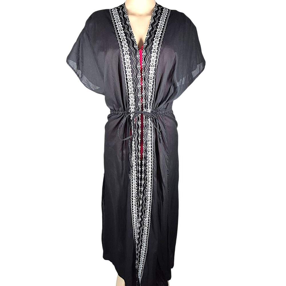 Torrid Maxi Cover Up Kimono Womens M/L 00/0 Blac Embroidered Tie Waist Beach